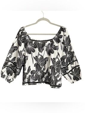 Tahari Linen Crop Top L Black White Floral Boho Off Shoulder Peasant Top Resort
